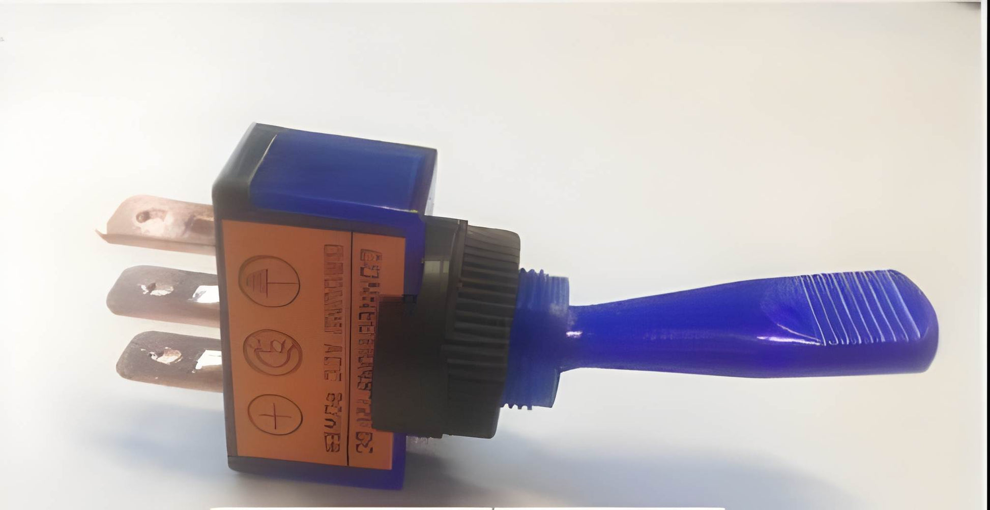 blue on off toggle switch on a white background with 3 terminals