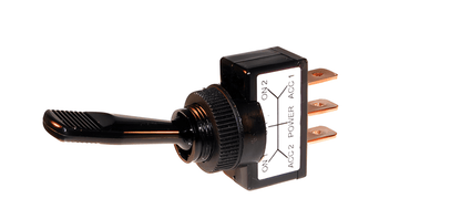 black on off on toggle switch with 3 cpper terminals on a white background