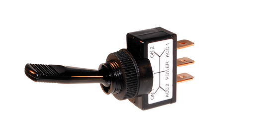 black on off on toggle switch with 3 cpper terminals on a white background