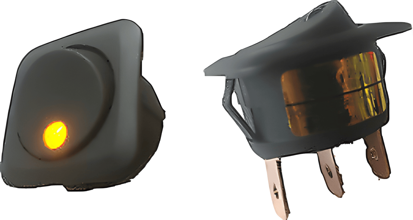 Two black rocker switches with illuminated yellow indicator lights on a white background.