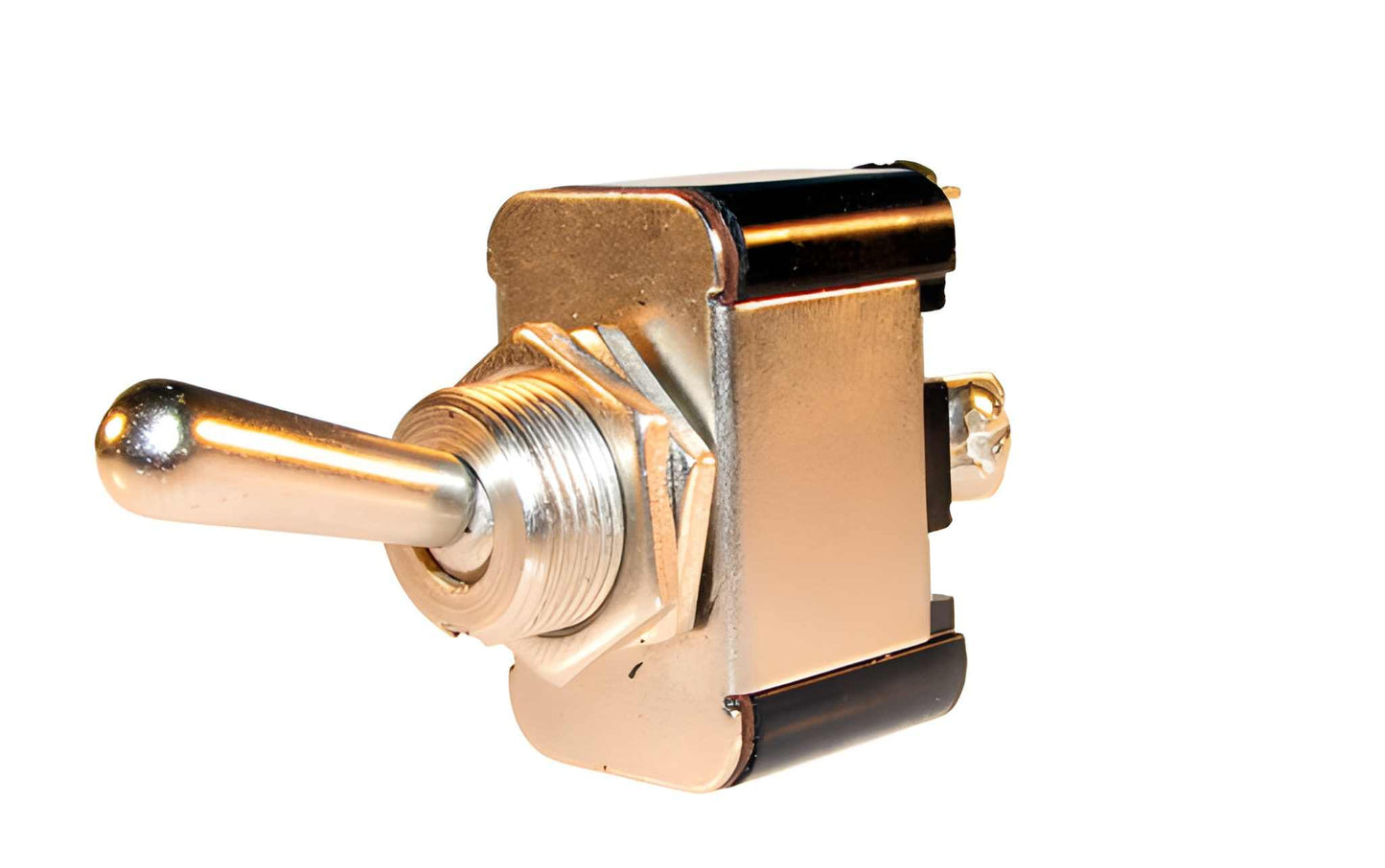 silver metal on on toggle switch on a white background