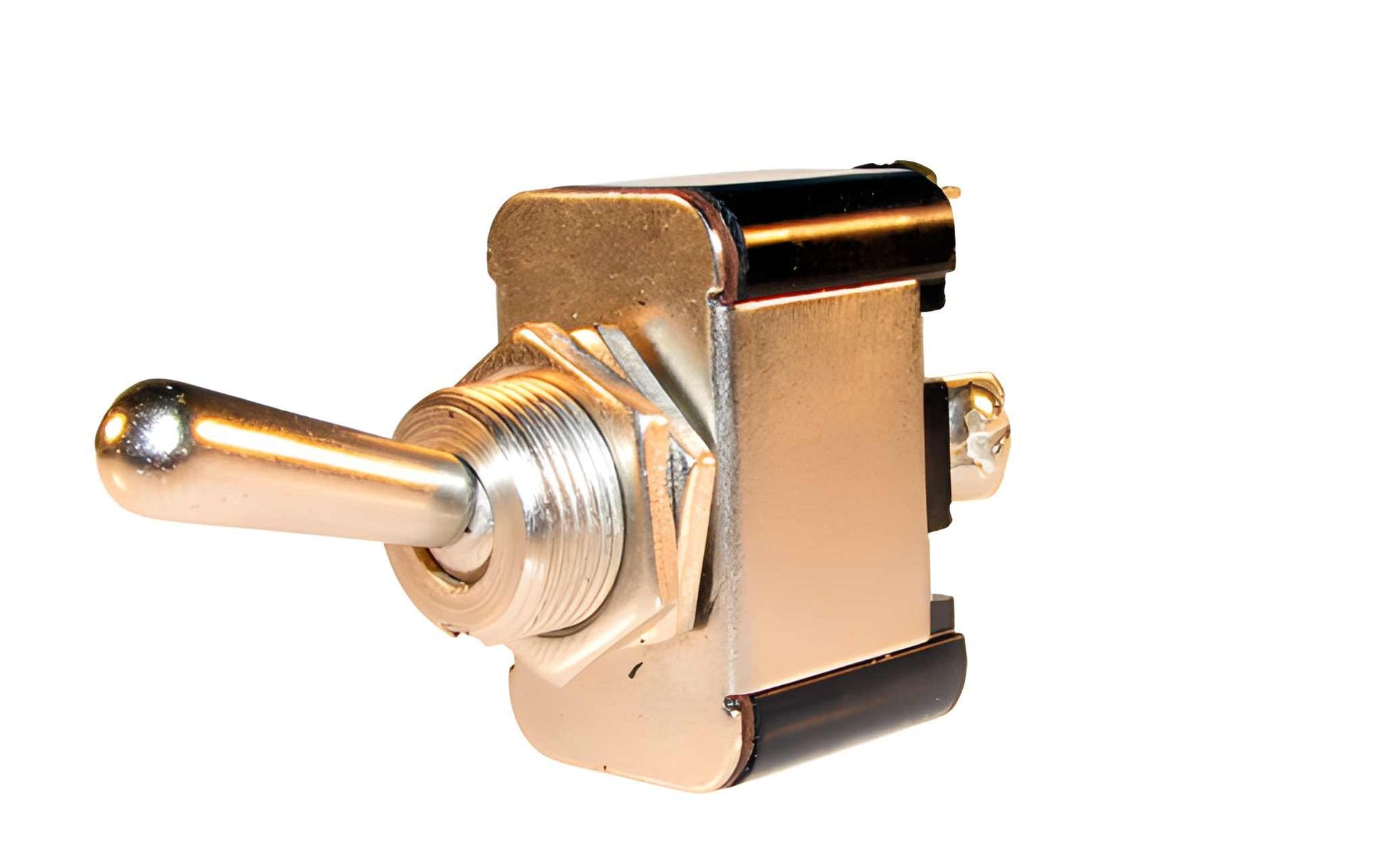 silver metal on on toggle switch on a white background