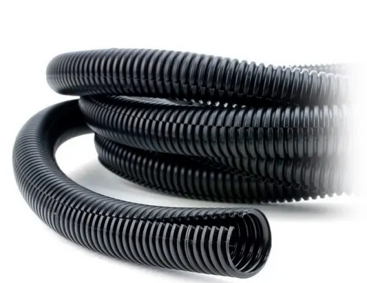 Black plastic flexible split conduit for cable protection and organization in automotive and industrial wiring projects.