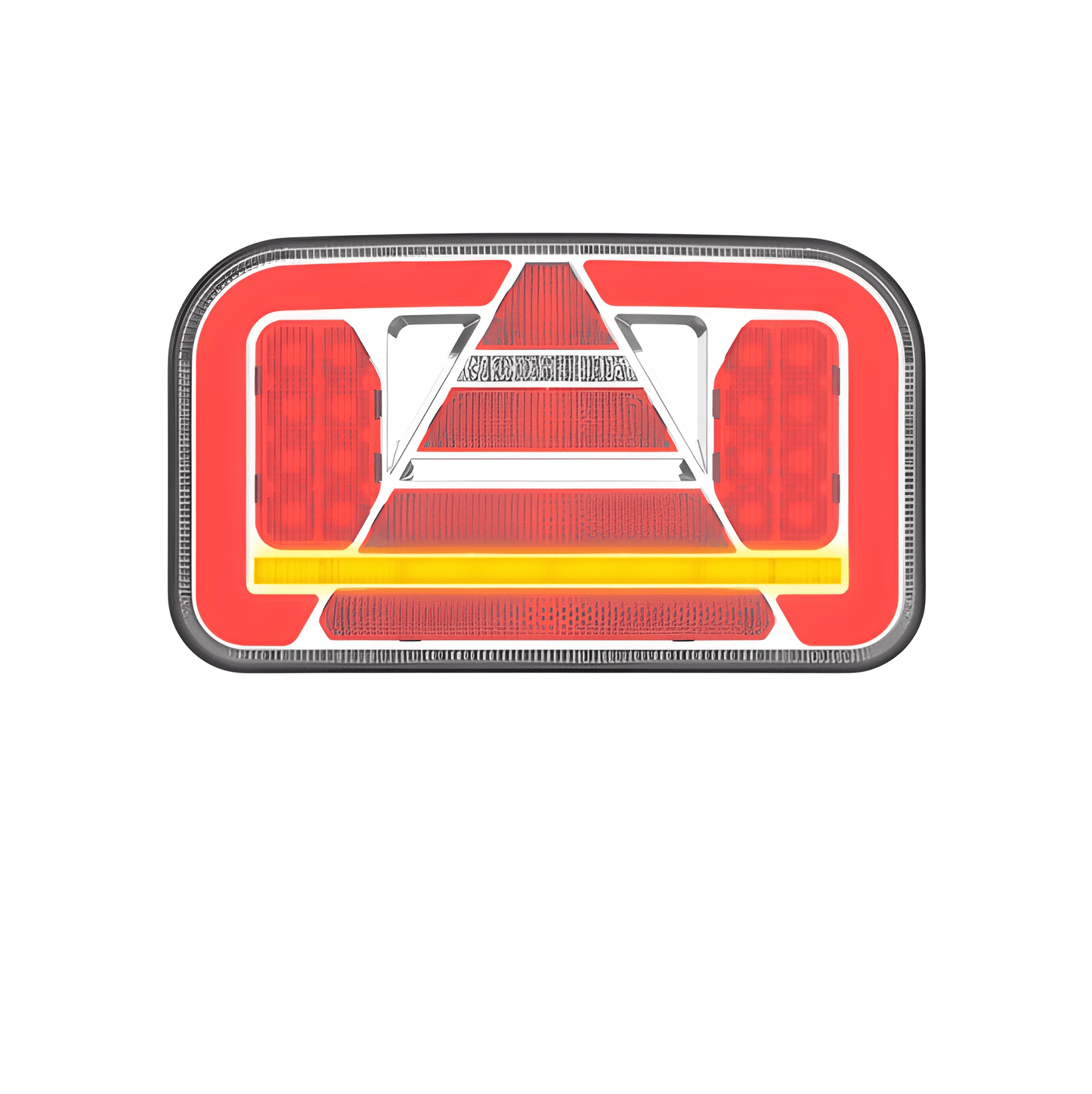Reflective red and silver rectangular safety label on a white background