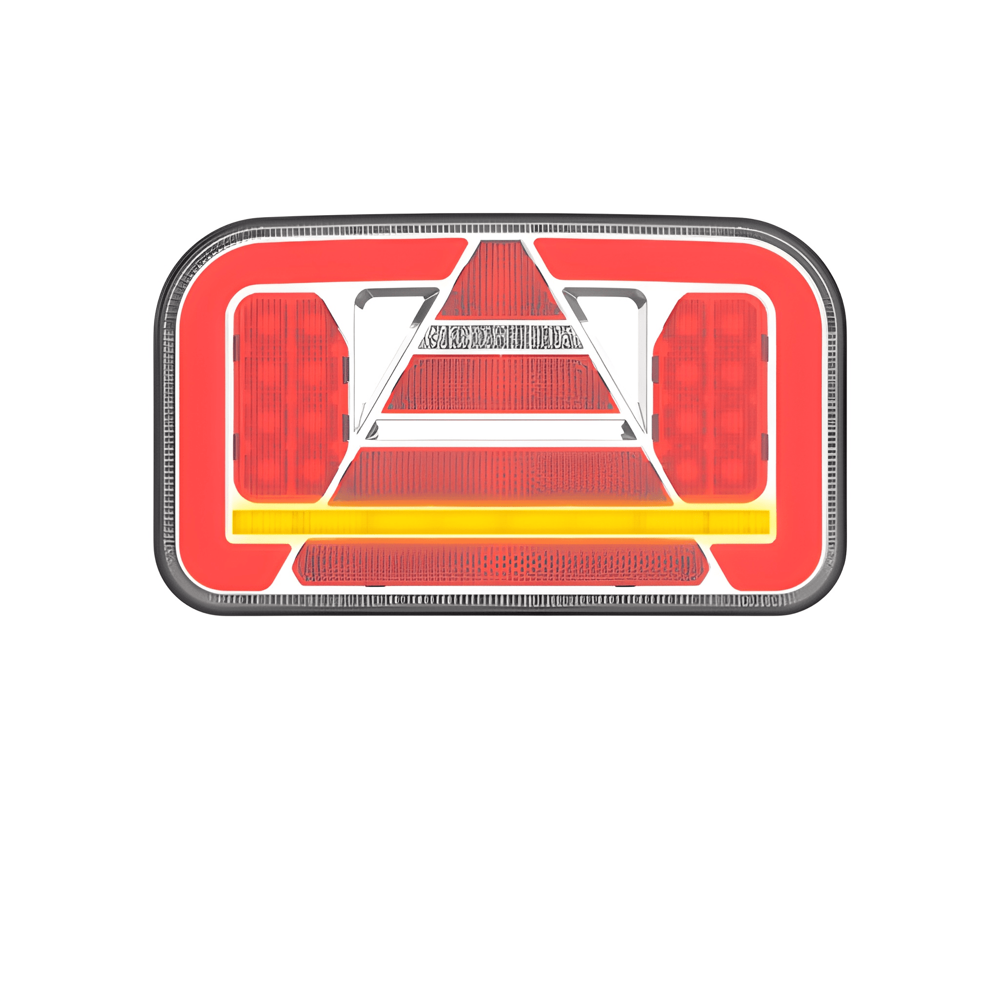 Reflective red and silver rectangular safety label on a white background