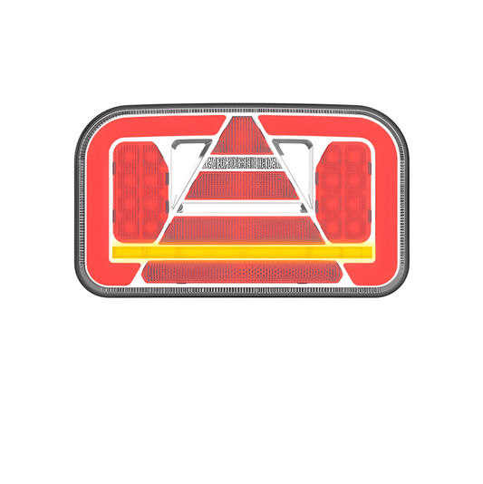 Reflective red and silver rectangular safety label on a white background