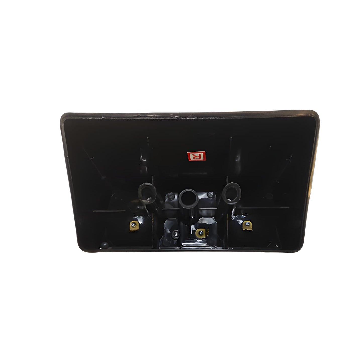 Black electronic component with visible branding on a white background