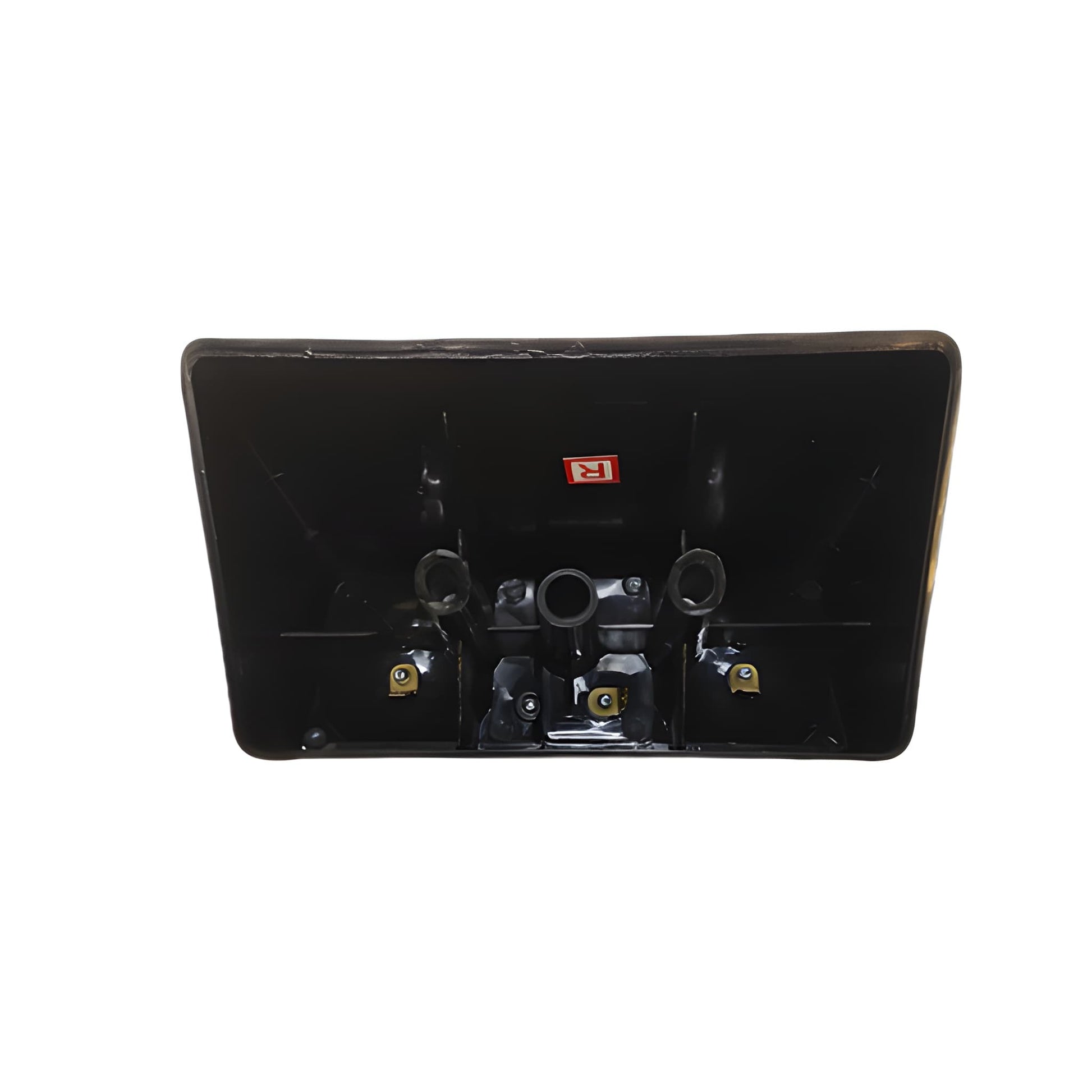 Black electronic component with visible branding on a white background