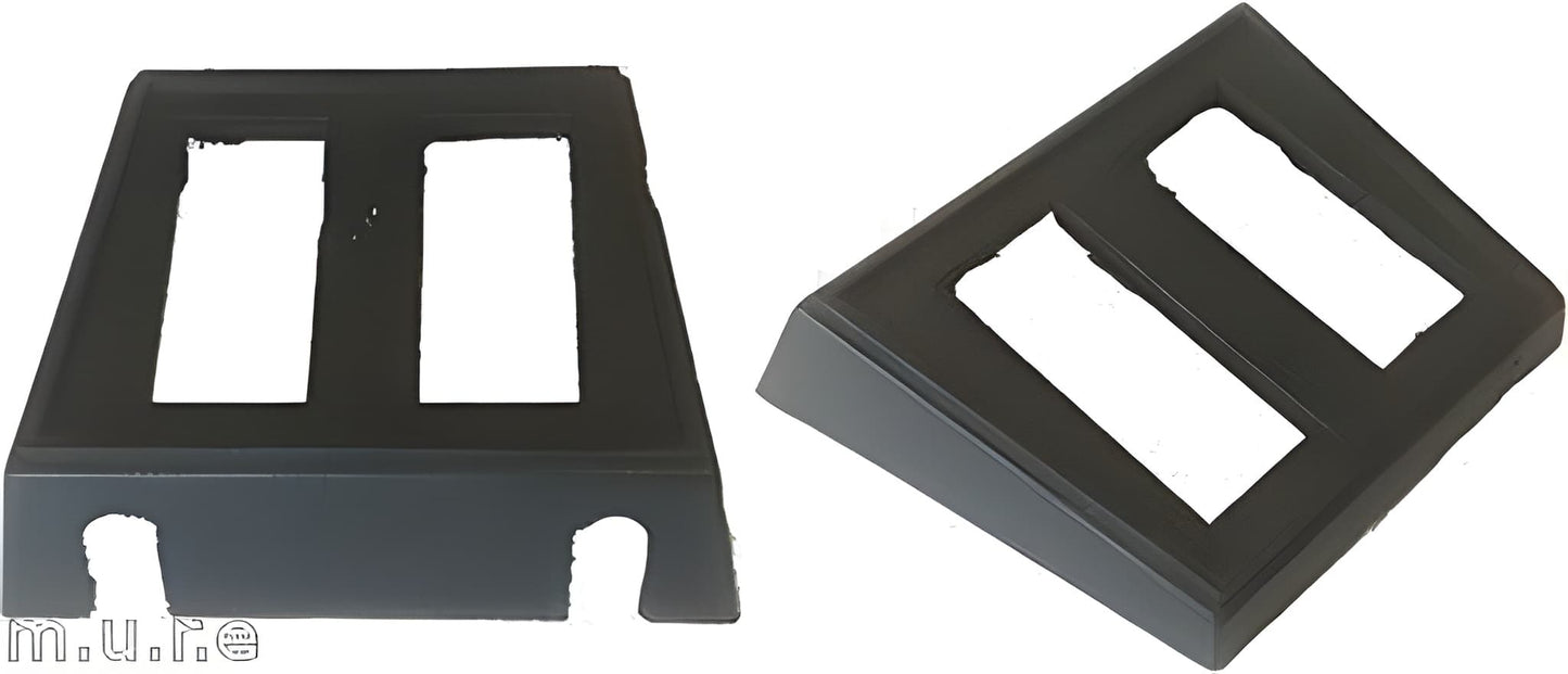Two black plastic brackets on a white background