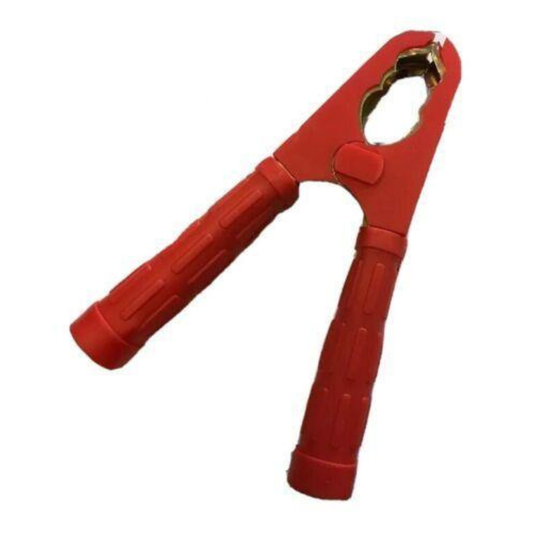 Red jump lead clamp on a white background
