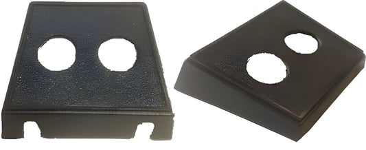 Two black plastic brackets with two holes on a white background