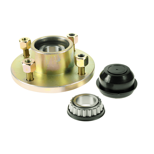 Plastic Cap & Conical Nuts Taper Roller Hub – 1" Stub Axle, 4x4" PCD, Zinc Plated Maypole MP418