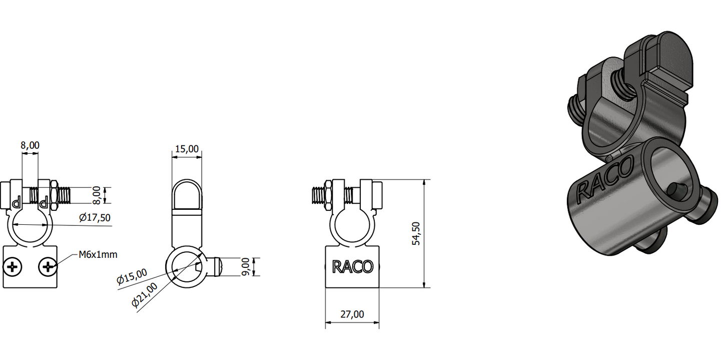 Negative Battery Terminal – 17mm diameter, Solderless, Tin-Plated Brass, 15mm Cable Hole Drilling, Wood Auto BTT1007N/210
