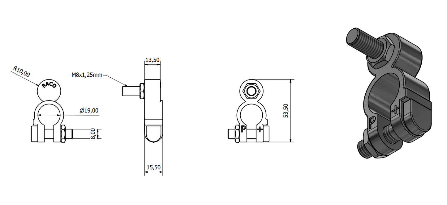 Positive Battery Terminal – 19mm diameter, Tin-Plated Brass, M8 x 22mm Bolt, Wood Auto BTT1004P/229