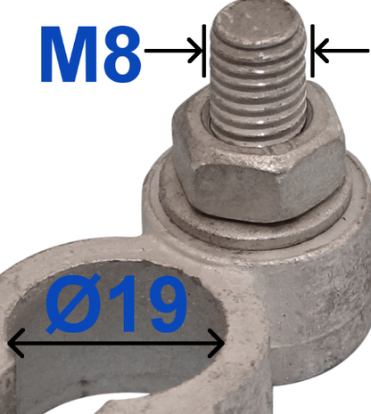 Positive Battery Terminal – 19mm diameter, Tin-Plated Brass, M8 x 22mm Bolt, Wood Auto BTT1004P/229