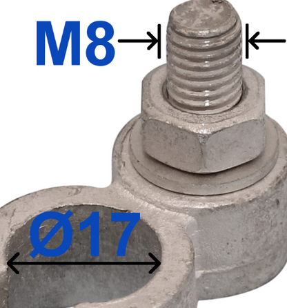 Negative Battery Terminal – 17mm diameter, Tin-Plated Brass, M8 x 22mm Bolt, Wood Auto BTT1004N/230