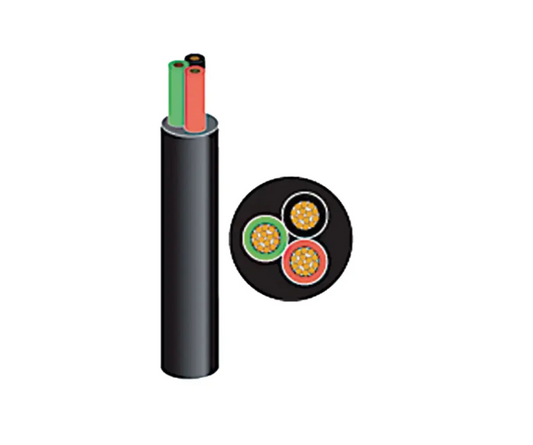 A three-core electrical cable with red, green, and black wires. This multi-core cable is ideal for trailer wiring or other automotive and low-voltage applications.