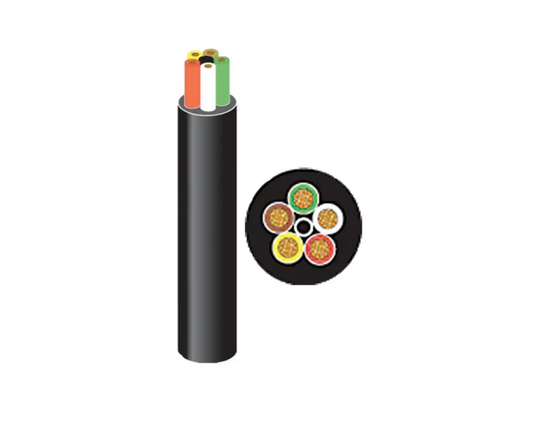 Five-core automotive cable for trailer wiring and vehicle electrics. The cable features a black sheath with five color-coded cores, shown with a cross-section to highlight the high-quality copper strands.