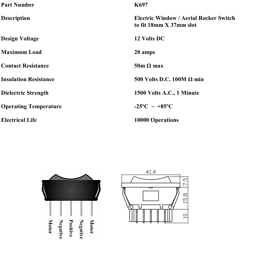 12V Electric Window Rocker Switch Rectangle 20A Robinson K697