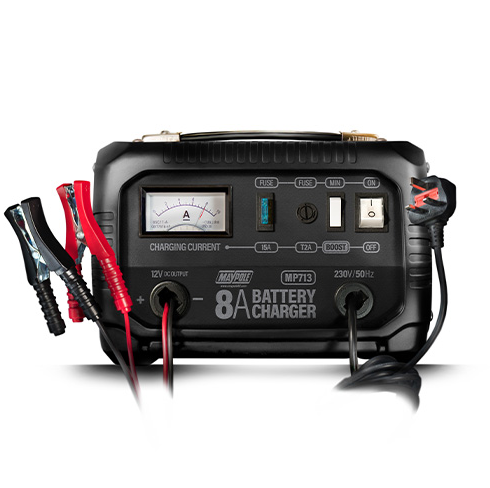 Maypole battery charger with red and black cables on a white background