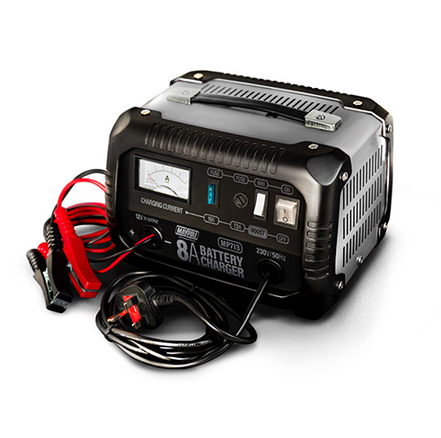 Battery charger with red and black cables on a white background