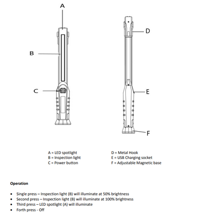Led Inspection Hand Lamp Rechargeable Slim Line Cordless Cob Maypole MP4053