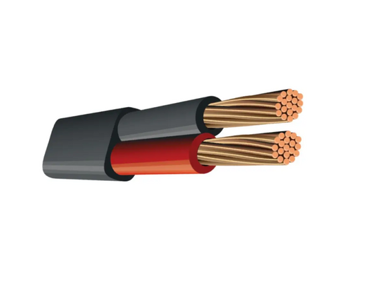 Twin-core electrical cable with red and black insulation and exposed braided copper wire. This high-quality cable is ideal for vehicle wiring and other electrical applications.