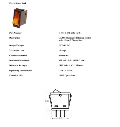 On Off Rocker Switch Rectangle Amber 12V 20A Robinson K401 - Mid-Ulster Rotating Electrics Ltd