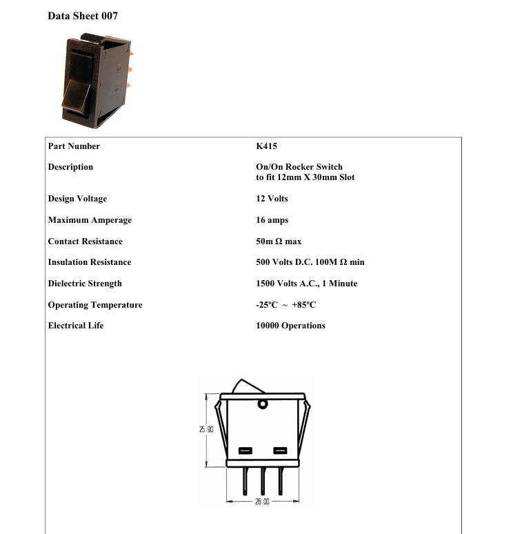 Technical data sheet for an on/off rocker switch with specifications and a diagram.