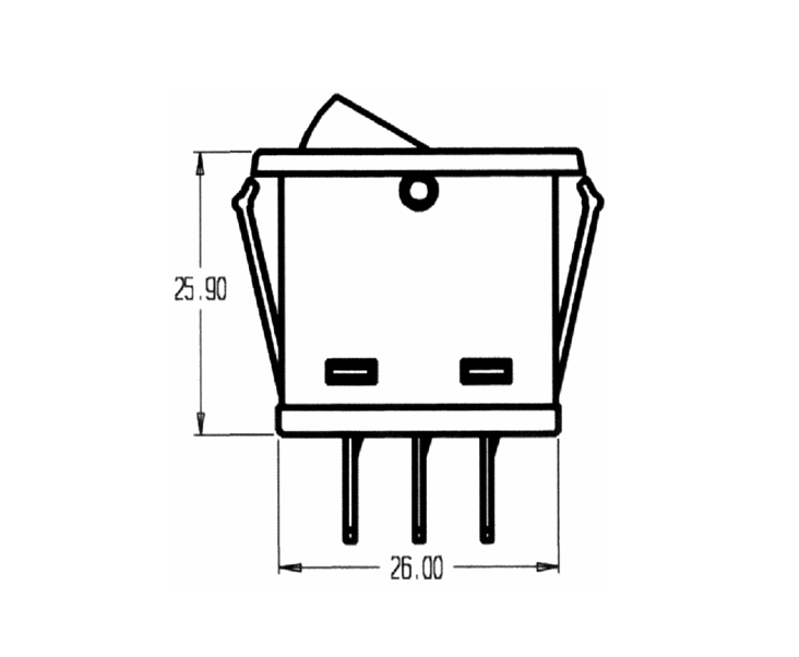 Technical drawing of a relay with dimensions labeled