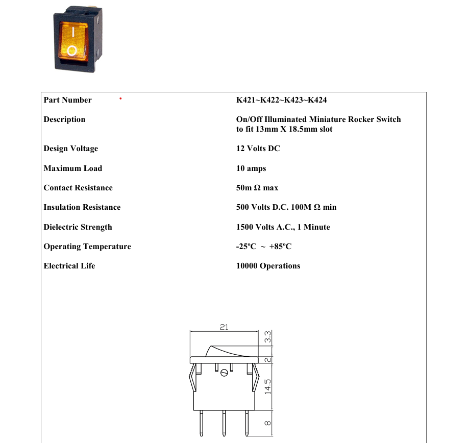 On Off Square Rocker Switch Mini Blue Rectangle 12V Robinson K422 - Mid-Ulster Rotating Electrics Ltd