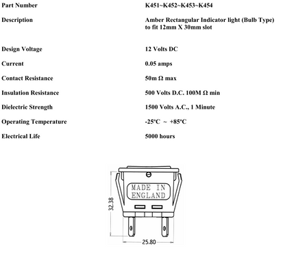 Blue Warning Indicator Light Rectangular Square Car 12V Dash Robinson K452 - Mid-Ulster Rotating Electrics Ltd