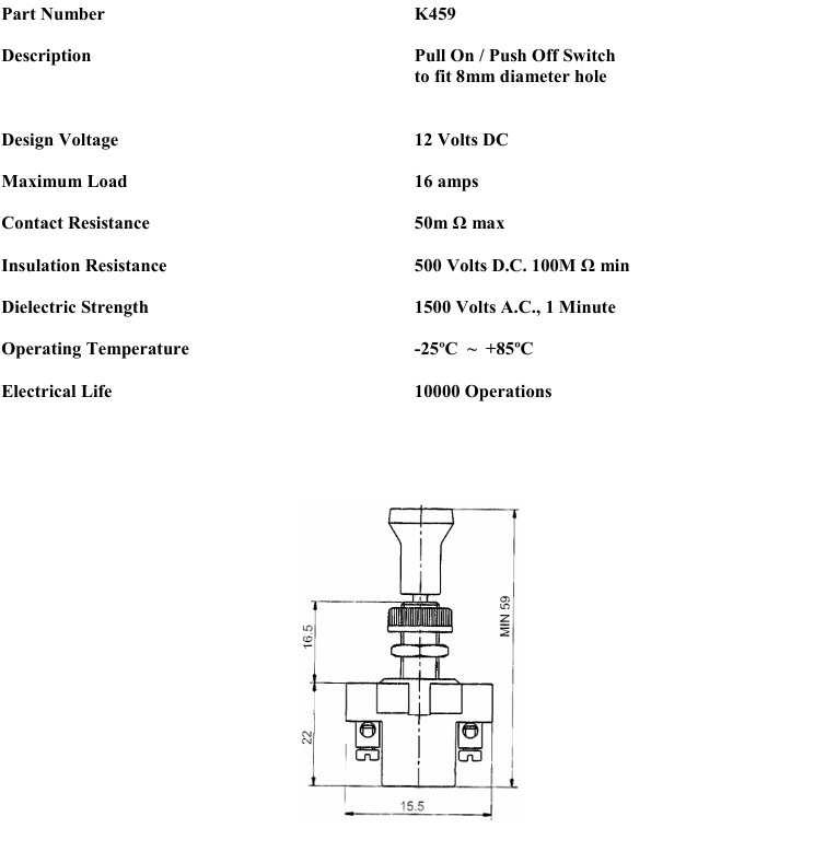 On Off Push/Pull Switch Long Stalk 12V 24V With Screw Terminals Robinson K459 - Mid-Ulster Rotating Electrics Ltd