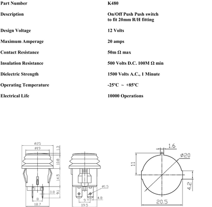On Off Push Switch Latching With Splash Proof Seal 12V 16A Robinson K480 - Mid-Ulster Rotating Electrics Ltd