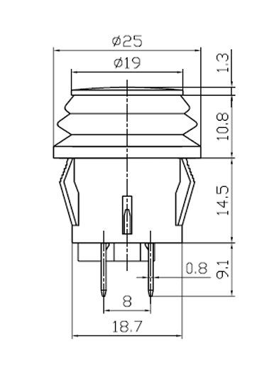 dimensions diagram for On Off Push Switch Amber Latching  Illuminated 12V Splashproof Seal Robinson K481 - Mid-Ulster Rotating Electrics Ltd