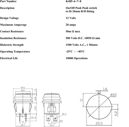 dimension diagram for On Off Push Switch Latching Led With Splash Proof Seal Robinson K486-488 - Mid-Ulster Rotating Electrics Ltd