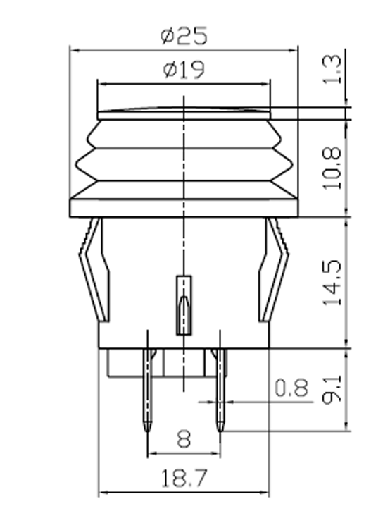dimension diagram for On Off Push Switch Latching Led With Splash Proof Seal Robinson K486-488 - Mid-Ulster Rotating Electrics Ltd