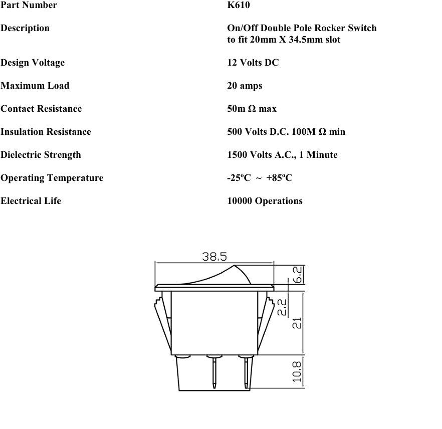 On Off Rocker Switch Twin Circuit Double Pole Rectangle 12V Car Robinson K610 - Mid-Ulster Rotating Electrics Ltd
