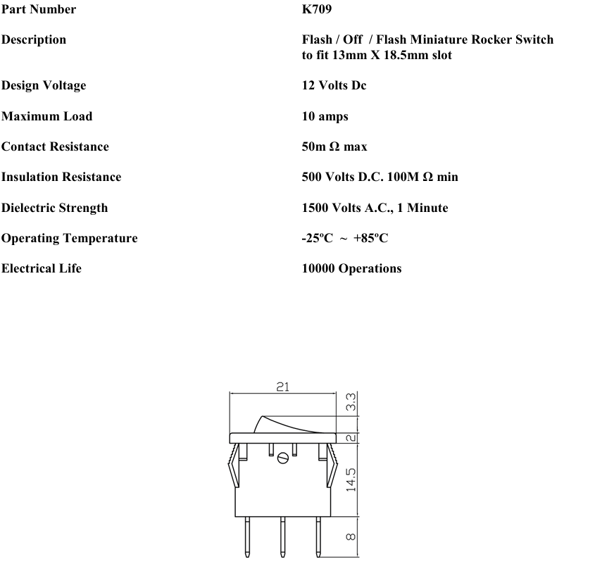 Flash/Off/Flash Square Rocker Mini Rectangle Switch 12V Car Dash Robinson K709 - Mid-Ulster Rotating Electrics Ltd