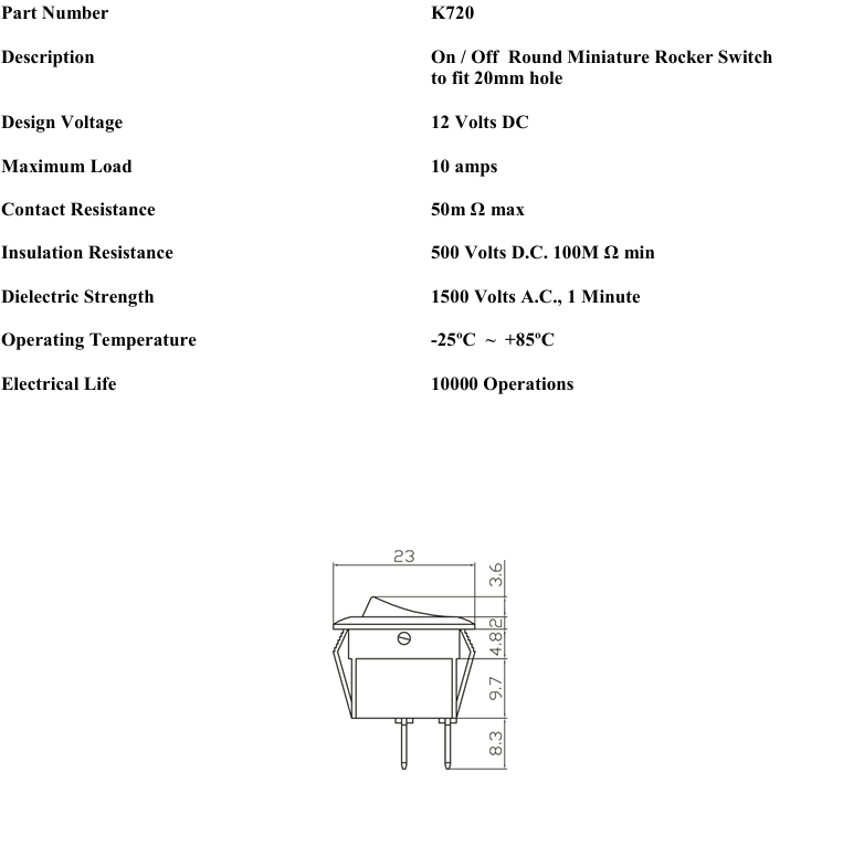 On Off Round Rocker Switch Mini Minature 12V Car Dash Robinson K720 - Mid-Ulster Rotating Electrics Ltd