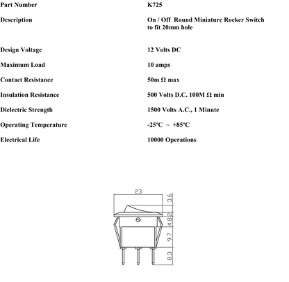 On On Rocker Switch Mini Minature Round 12V Car Dash Robinson K725 - Mid-Ulster Rotating Electrics Ltd
