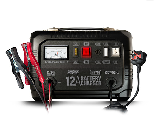 A black 12A 12V/24V metal cased battery charger with a digital display, various connectors, and a red and black power cable.