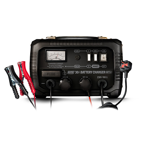 Black battery charger with cables on a white background