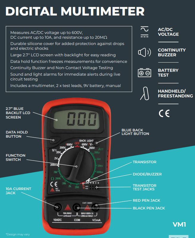 600V Digital Multimeter 10A With LCD Screen 20M Resistance Guardian VM1