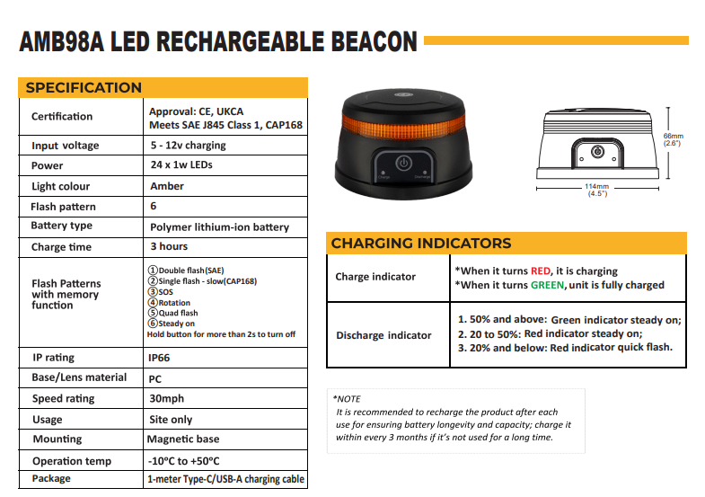 5V 12V LED Rechargable Beacon Amber Magnetic Mount 6 Flash Patterns Guardian AMB98A