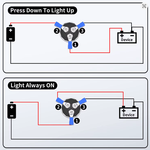 Wiring diagrams for the MURE IGNPB1 momentary push ignition button showing Press Down To Light Up and Light Always ON