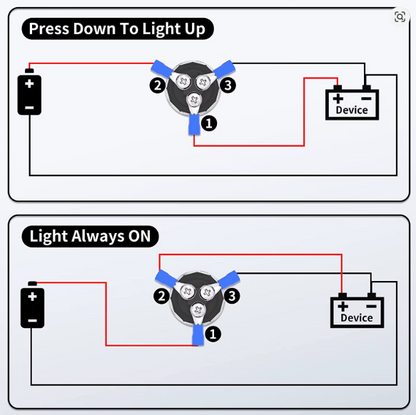 Wiring diagrams for the MURE IGNPB1 momentary push ignition button showing Press Down To Light Up and Light Always ON