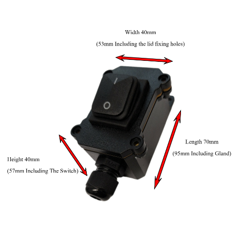 Black electrical switch box with dimension arrows showing width 40mm, height 40mm, and length 70mm measurements on a white background.