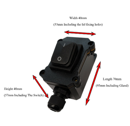 Black electrical switch box with dimension arrows showing width 40mm, height 40mm, and length 70mm measurements on a white background.