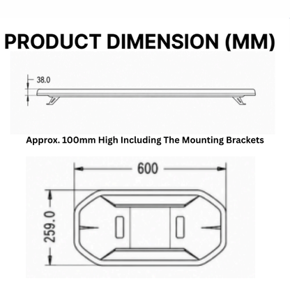 Daltec Smoked Lens LED Recovery LightBar D-LIG-00075 slimline dimensions diagram showing top and side views
